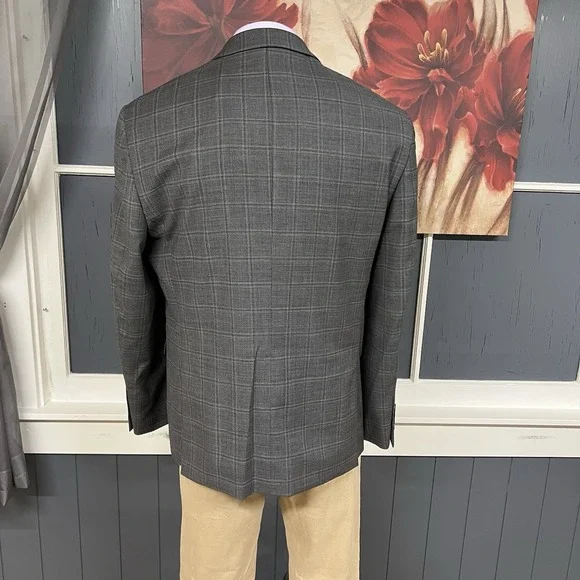 Kenneth Cole Suit Mens 46R Slim Fit Wool Blend Stretch Pants 40x32 Gray Plaid